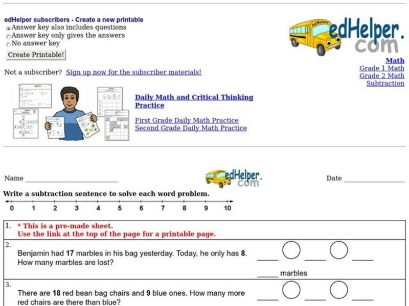 Writing Subtraction Sentences Worksheet