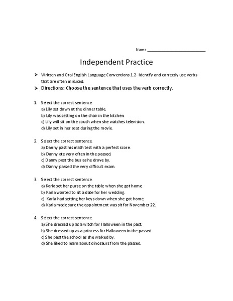 Written and Oral English language conventions: Independent Practice Worksheet