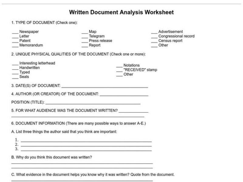 Written Document Analysis Worksheet Worksheet
