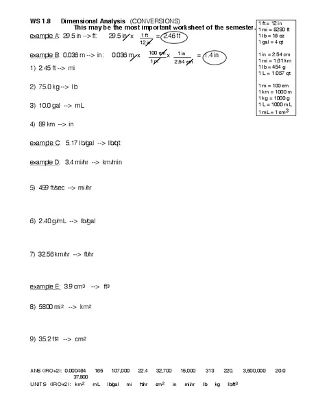 WS 1.6 Dimensional Analysis Worksheet