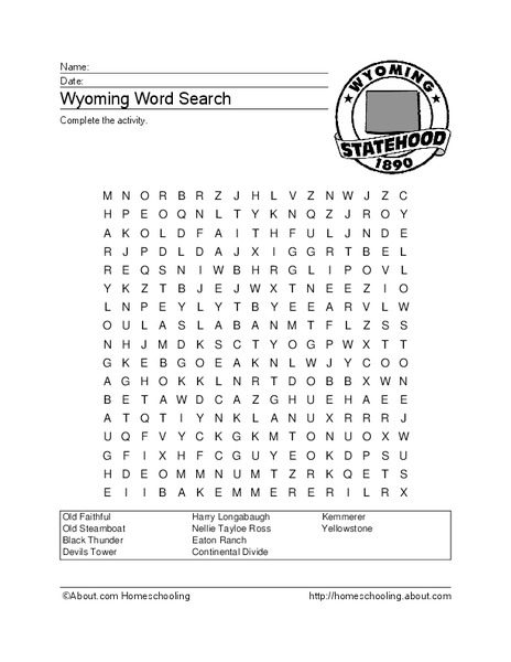 Wyoming Word Search Worksheet