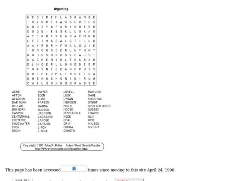 Wyoming Word Search Worksheet