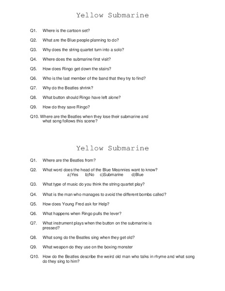 Yellow Submarine Worksheet