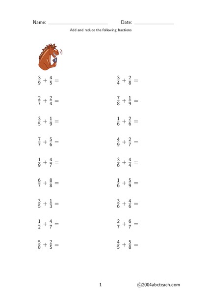 Add and Reduce Fractions Worksheet