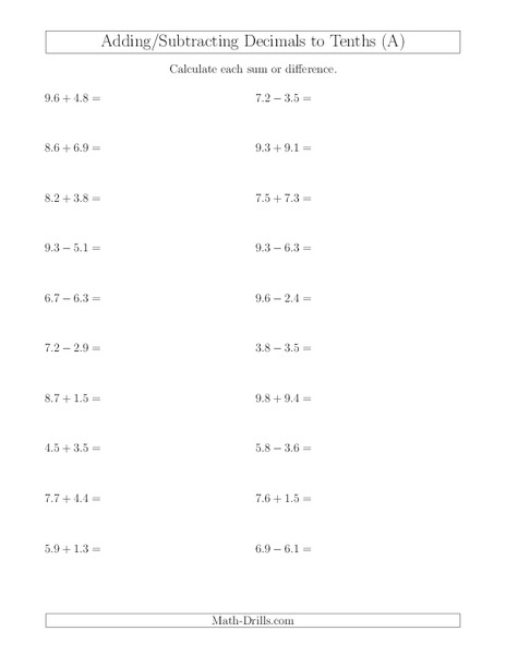 Add and Subtract Decimal Tenths Worksheet