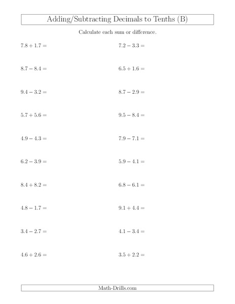 Add and Subtract Decimal Tenths Worksheet