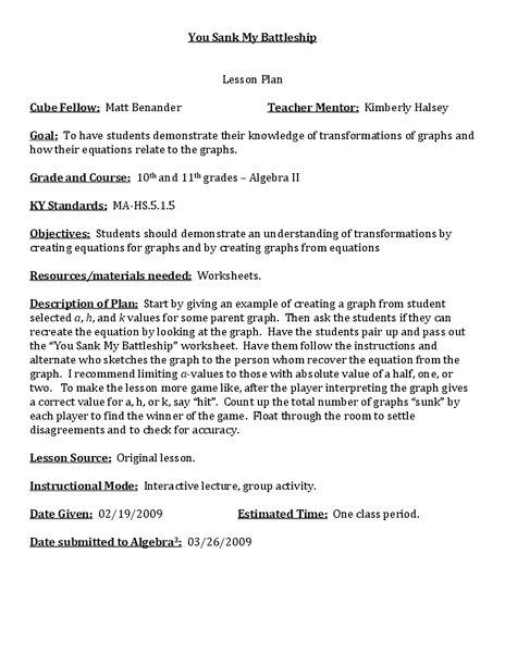 You Sank My Battleship Lesson Plan