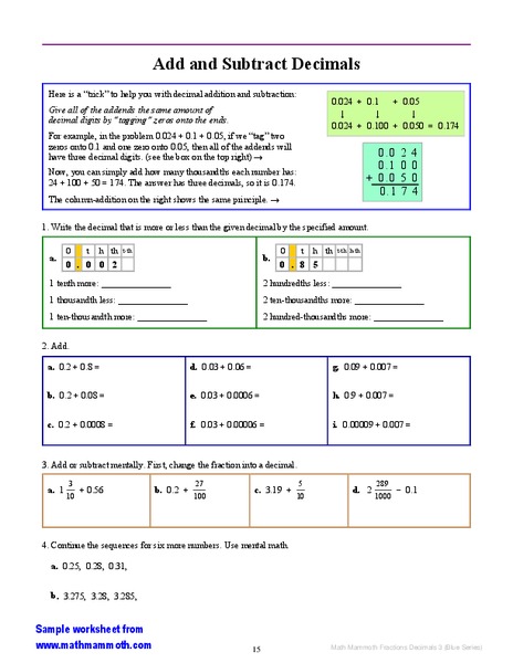 Add and Subtract Decimals Worksheet