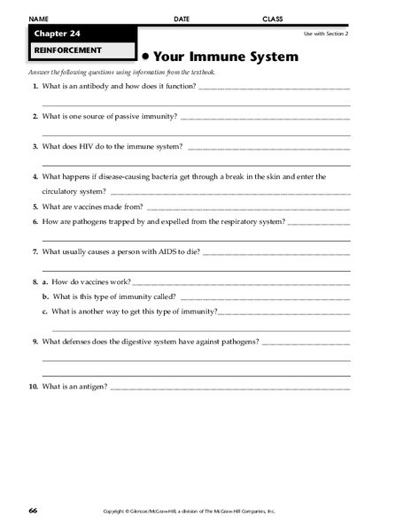 Your Immune System Worksheet