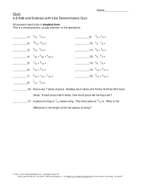 Add and Subtract Fractions Worksheet