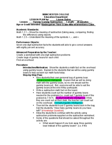 Yummy Gummy Subtraction Lesson Plan