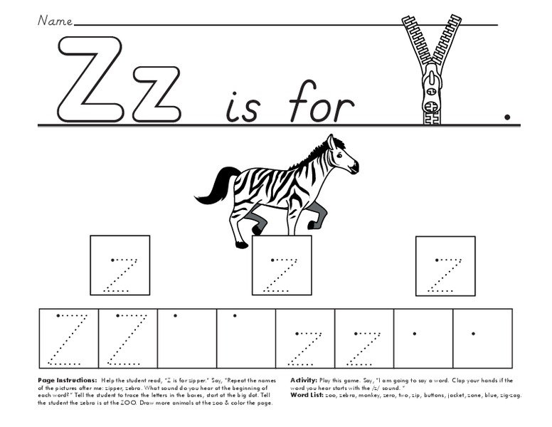 Zz is for Zipper Worksheet