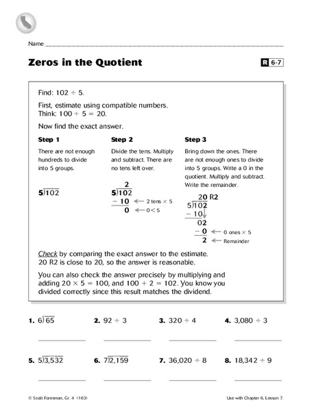 Zeros in the Quotient Worksheet