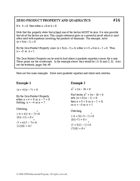 Zero Product Property and Quadratics Worksheet