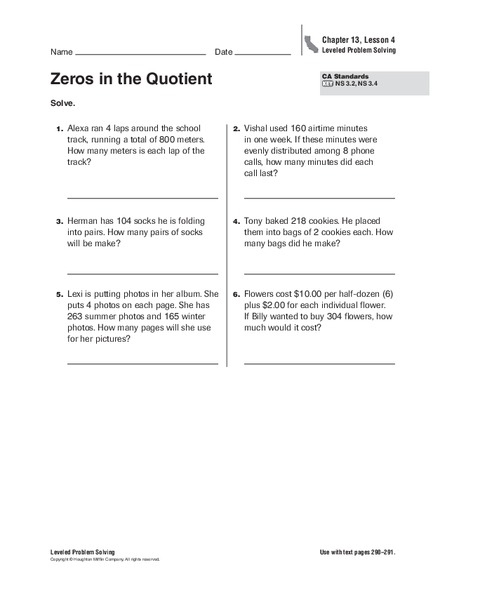 Zeros in the Quotient Worksheet
