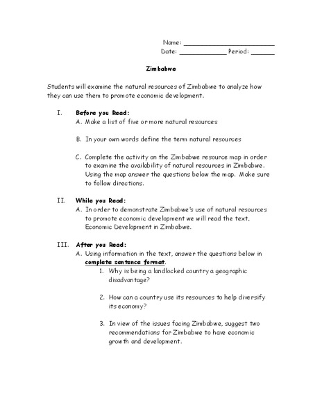 Zimbabwe Worksheet
