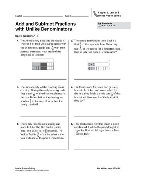 Add and Subtract Fractions with Unlike Denominators Worksheet