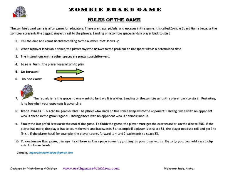 Zombie Board Game Worksheet