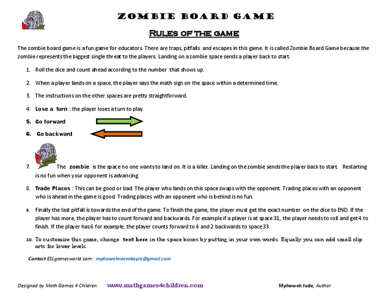 Zombie Board Game Worksheet