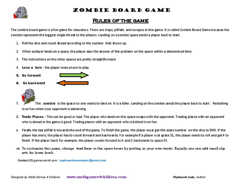 Zombie Board Game Worksheet