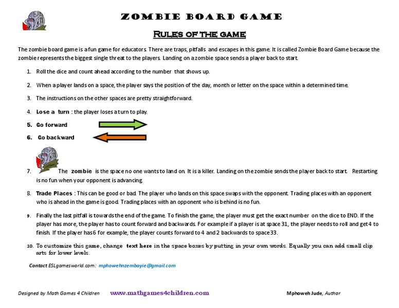 Zombie Board Game Worksheet