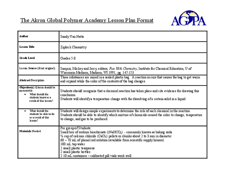 Ziplock Chemistry Lesson Plan