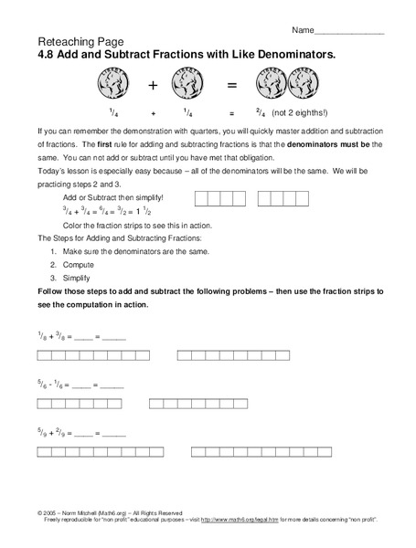 Add and Subtract fractions with like denominators Worksheet