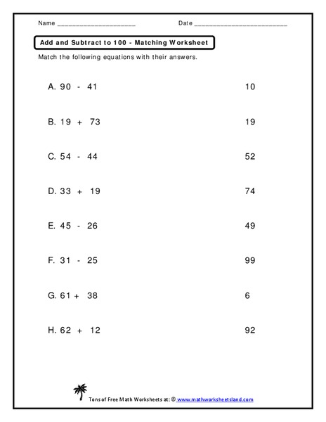Add and Subtract to 100 Worksheet
