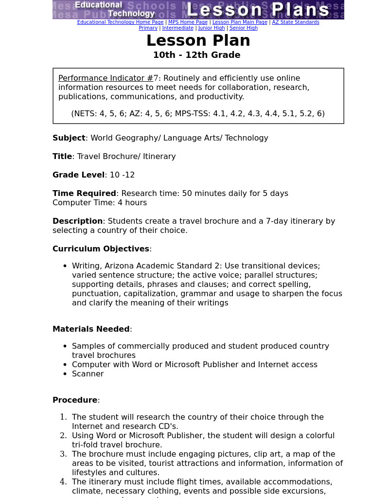 Travel Brochure/ Itinerary Lesson Plan