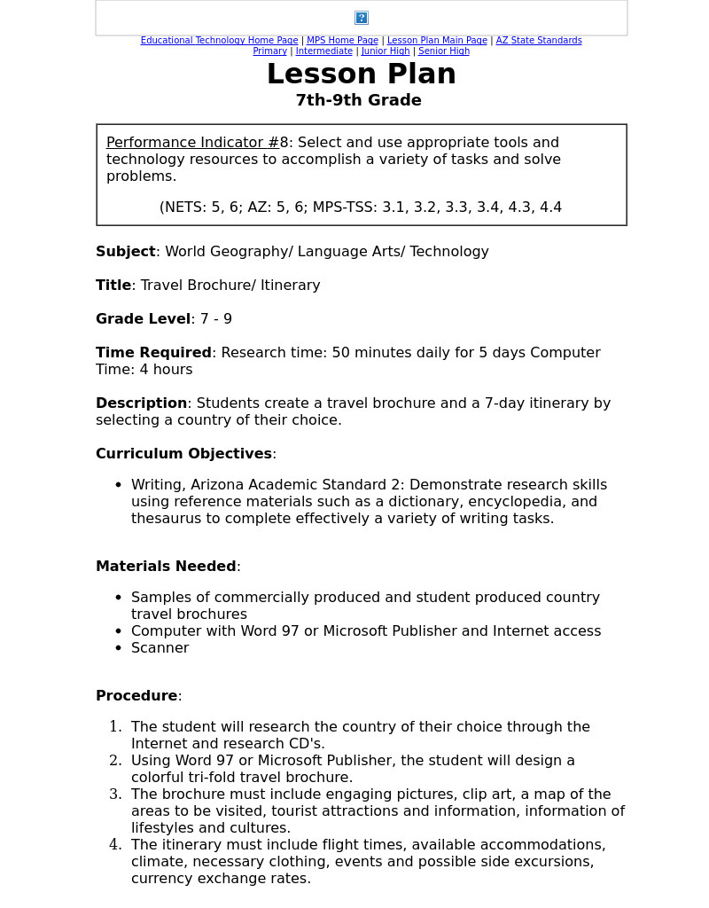 Travel Brochure/ Itinerary Lesson Plan