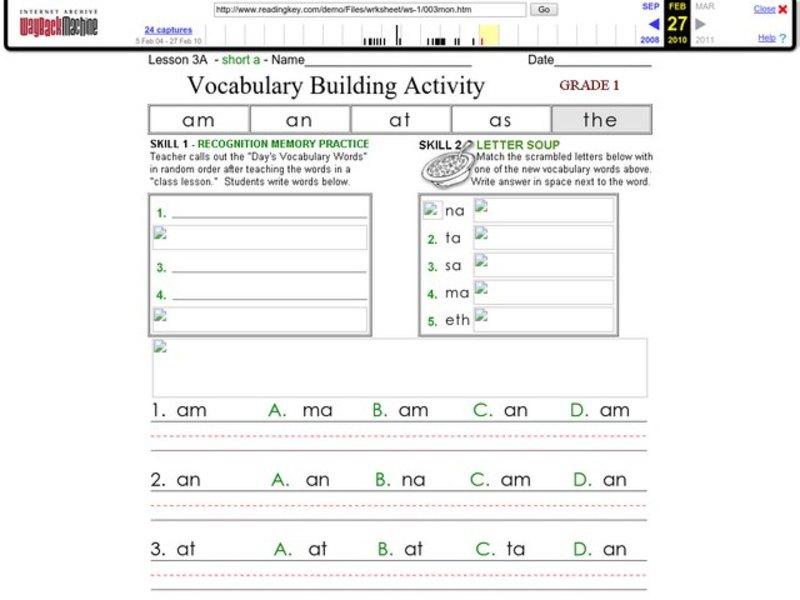 Vocabulary Building Activity - Short a Words Worksheet