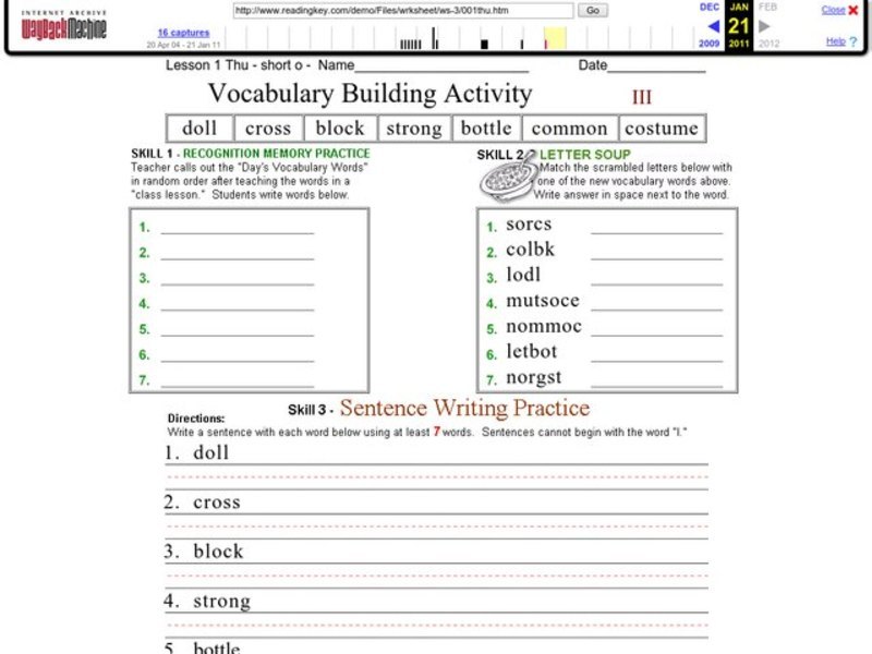 Vocabulary Building Activity - Short o Words Worksheet
