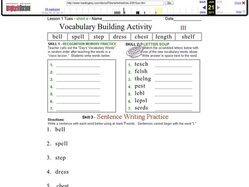Vocabulary Building Activity - Short e Words Worksheet