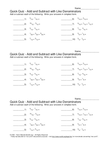 Add and Subtract with Like Denominators Worksheet