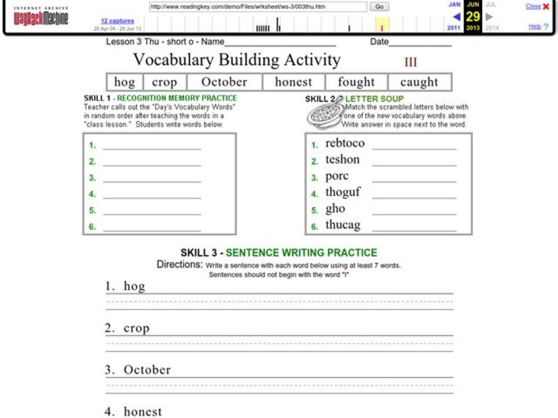 Vocabulary Building: Short o Worksheet