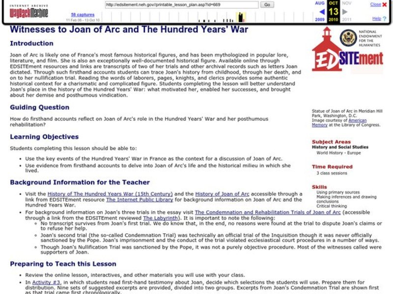 Witnesses to Joan of Arc and The Hundred Years' War Lesson Plan