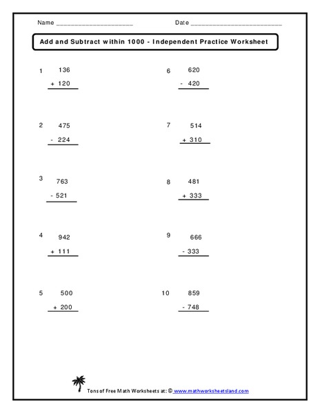 Add and Subtract within 1000 Worksheet