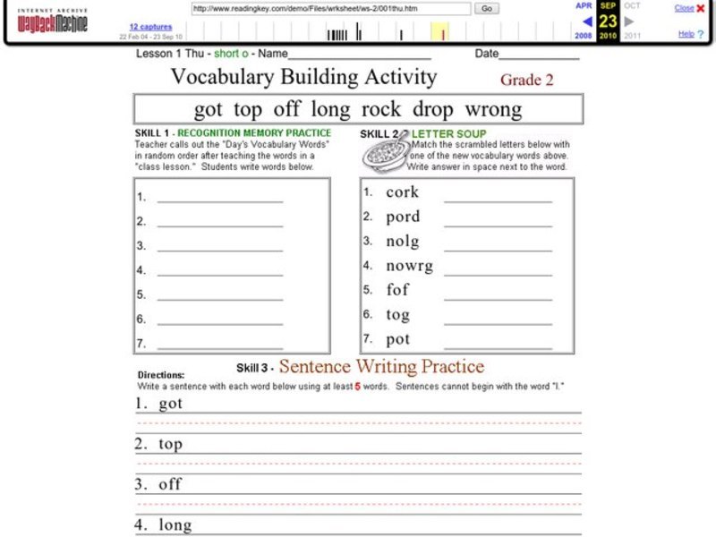 Vocabulary Building Activity: Short o Worksheet