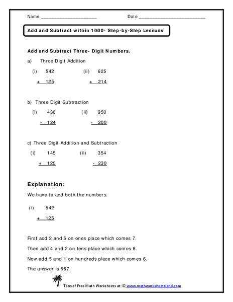 Add and Subtract within 1000 Worksheet