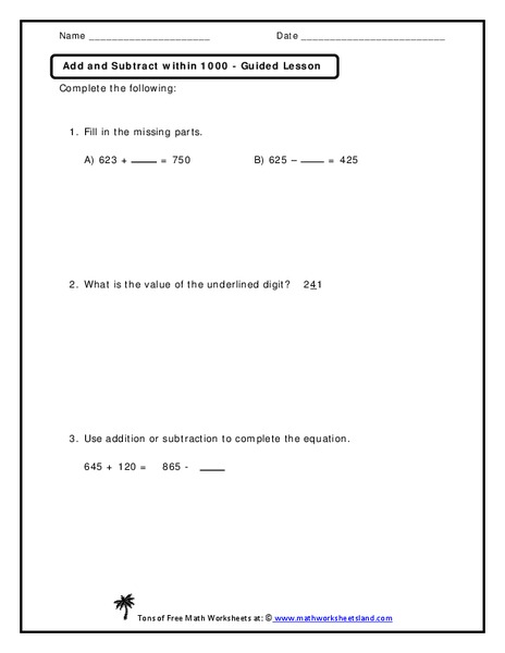 Add and Subtract within 1000 Worksheet