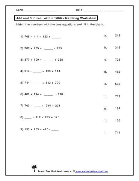 Add and Subtract within 1000 Worksheet