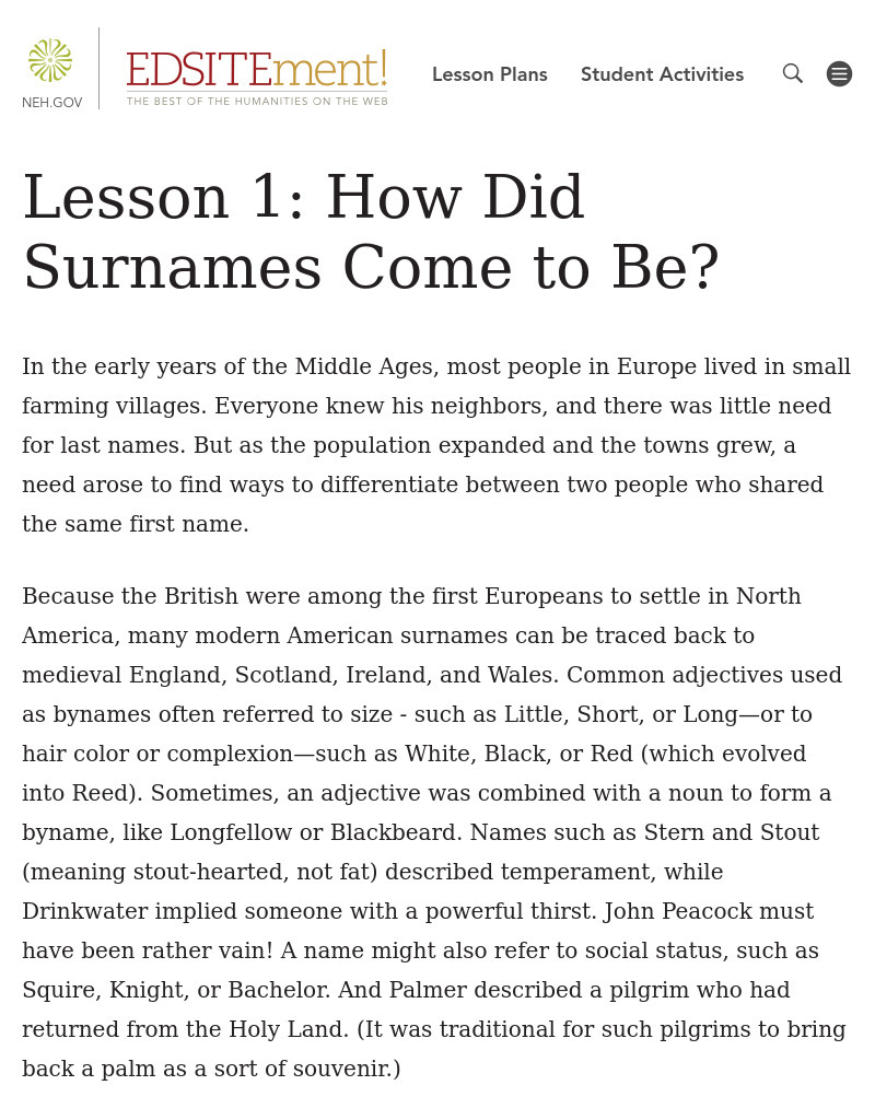 What's In A Name? How Did Surnames Come to Be? Lesson Plan