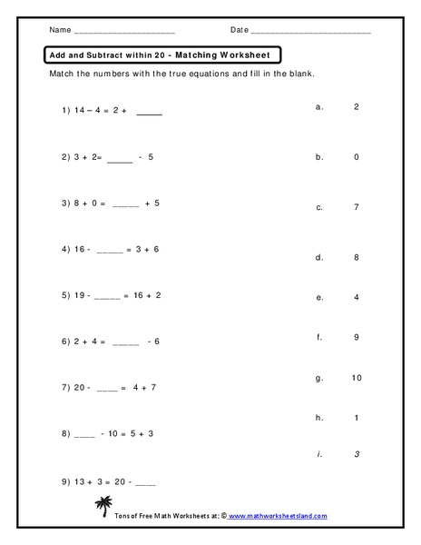 Add and Subtract within 20 Worksheet