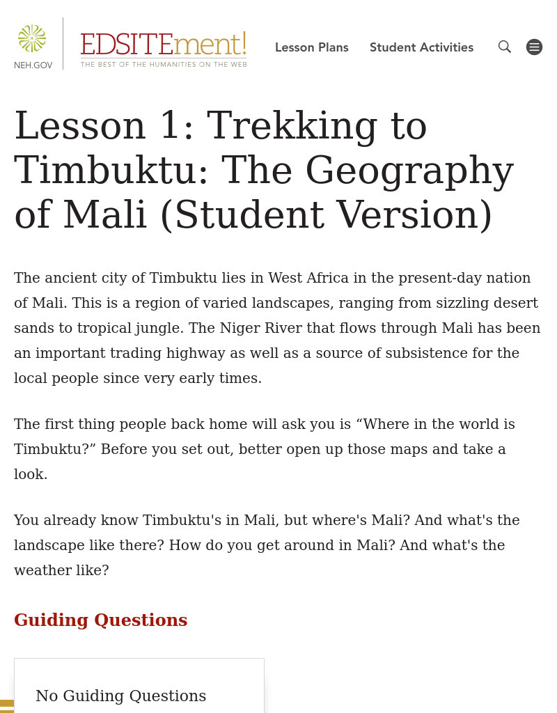 Trekking to Timbuktu: The Geography of Mali - Student Version Lesson Plan