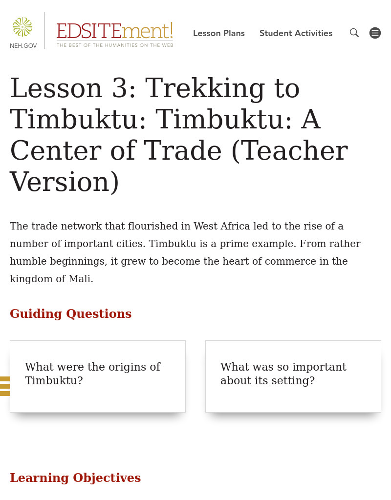 Trekking to Timbuktu: Timbuktu: A Center of Trade - Teacher Version Lesson Plan