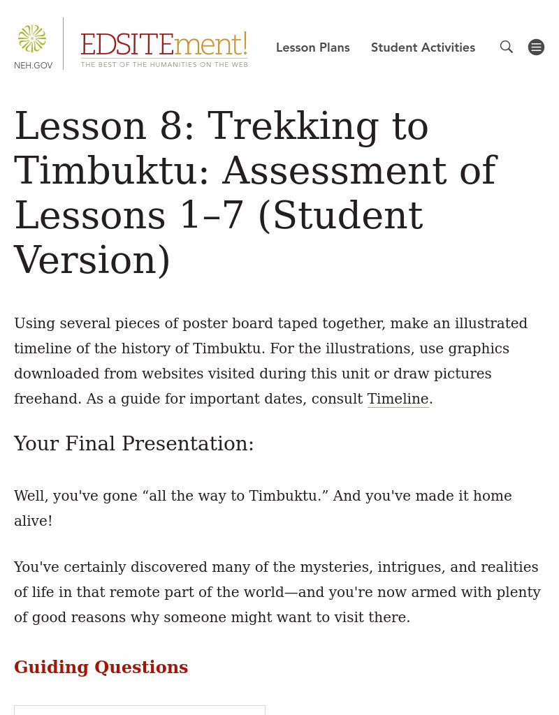 Trekking to Timbuktu: Making The Pitch to Globe Trekker - Student Version Lesson Plan