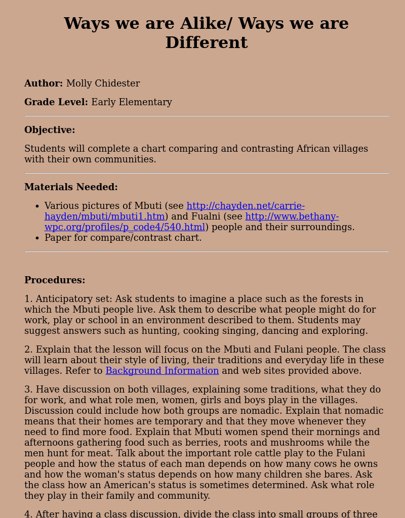 Ways we are Alike/ Ways we are Different Lesson Plan