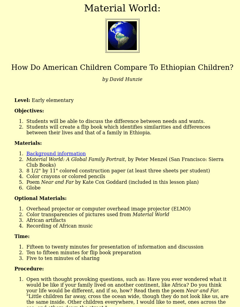 How Do American Children Compare To Ethiopian Children? Lesson Plan