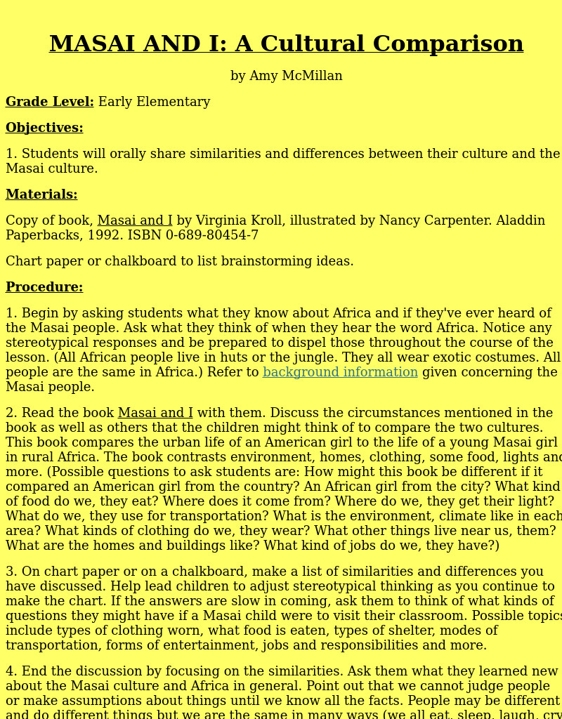 Masai and I: A Cultural Comparison Lesson Plan