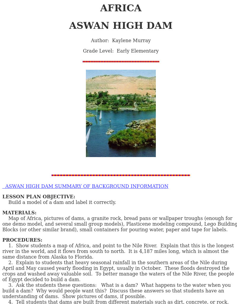 ASWAN HIGH DAM Lesson Plan